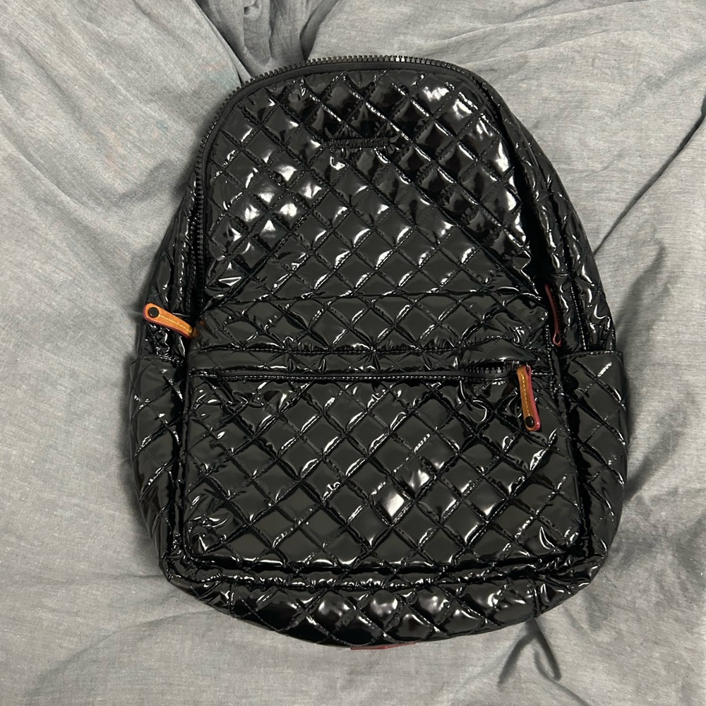 MZ Wallace Black Quilted Patent Backpack with Brown Trim